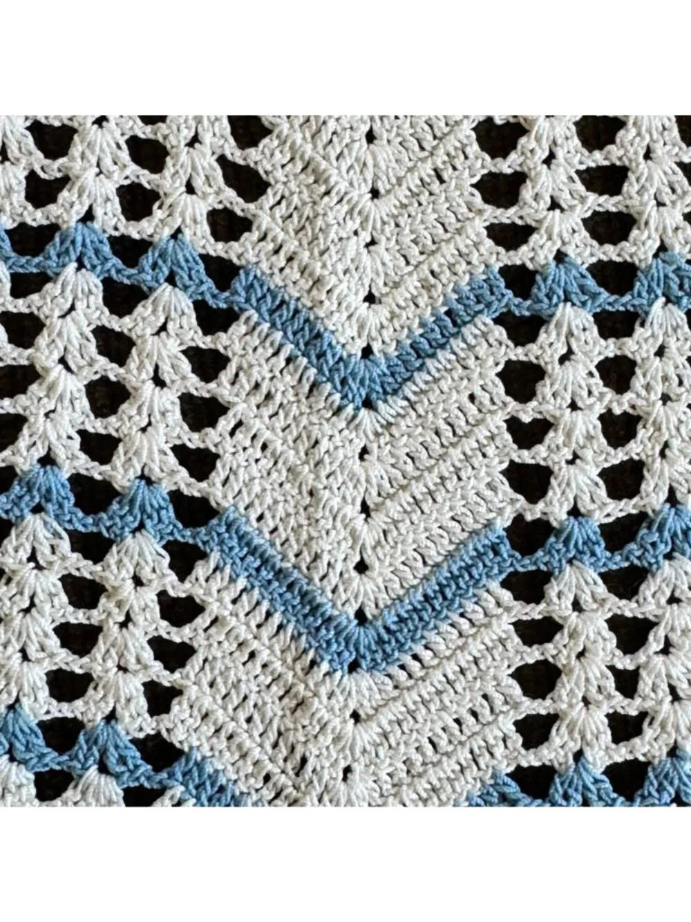 Vintage Hand-Crocheted Crochet Half Apron Blue & White Chevron Pattern